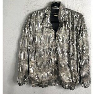Vintage Something Speical Jacket Women L Silver Metallic Crinkle Rave Club Party